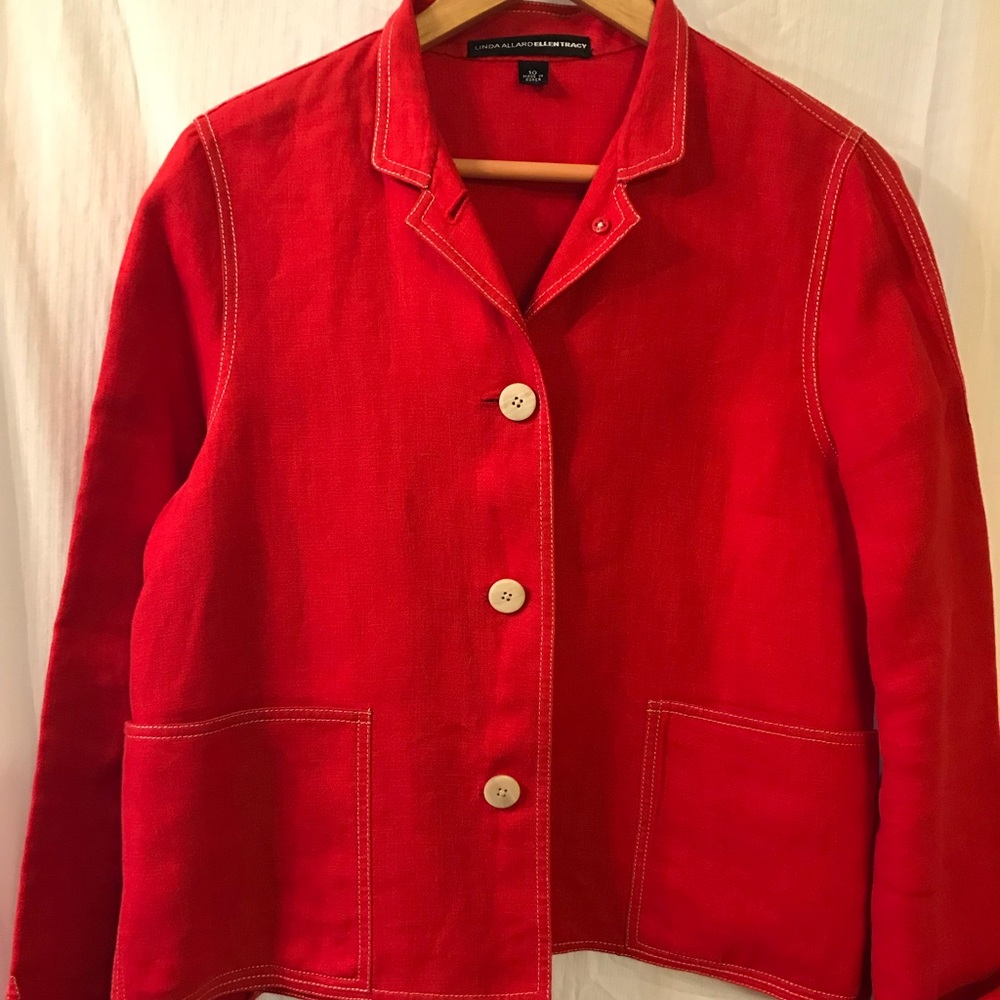 Ellen Tracy Red Linen Jacket w/Tan Topstitch Sz 10